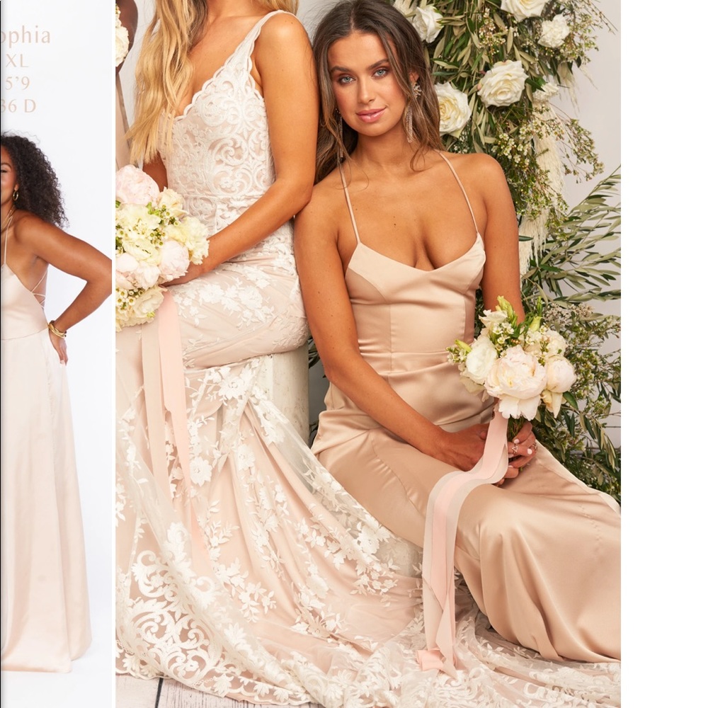 Show Me Your Mumu Godshaw Goddess Champagne Luxe Satin Bridesmaid Gown size S